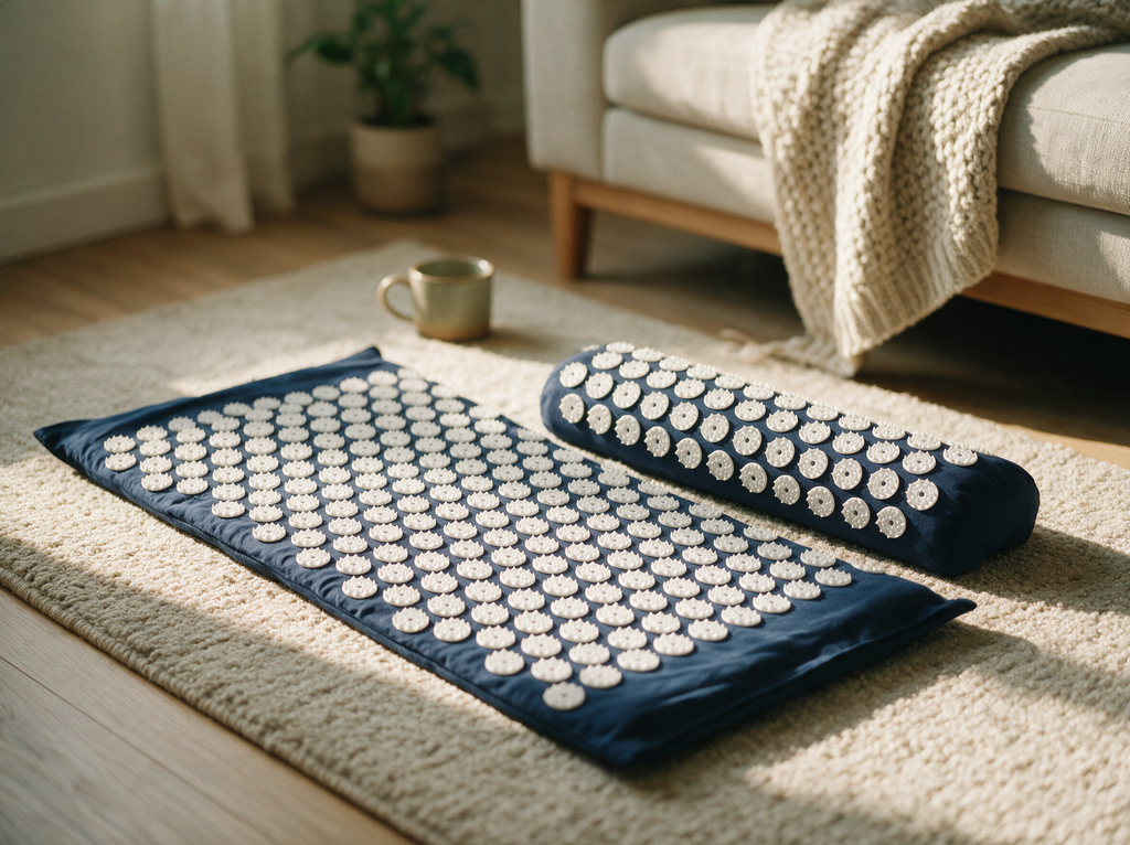 Restveta mat and pillow laid out on a cream rug beside a linen sofa, late afternoon light