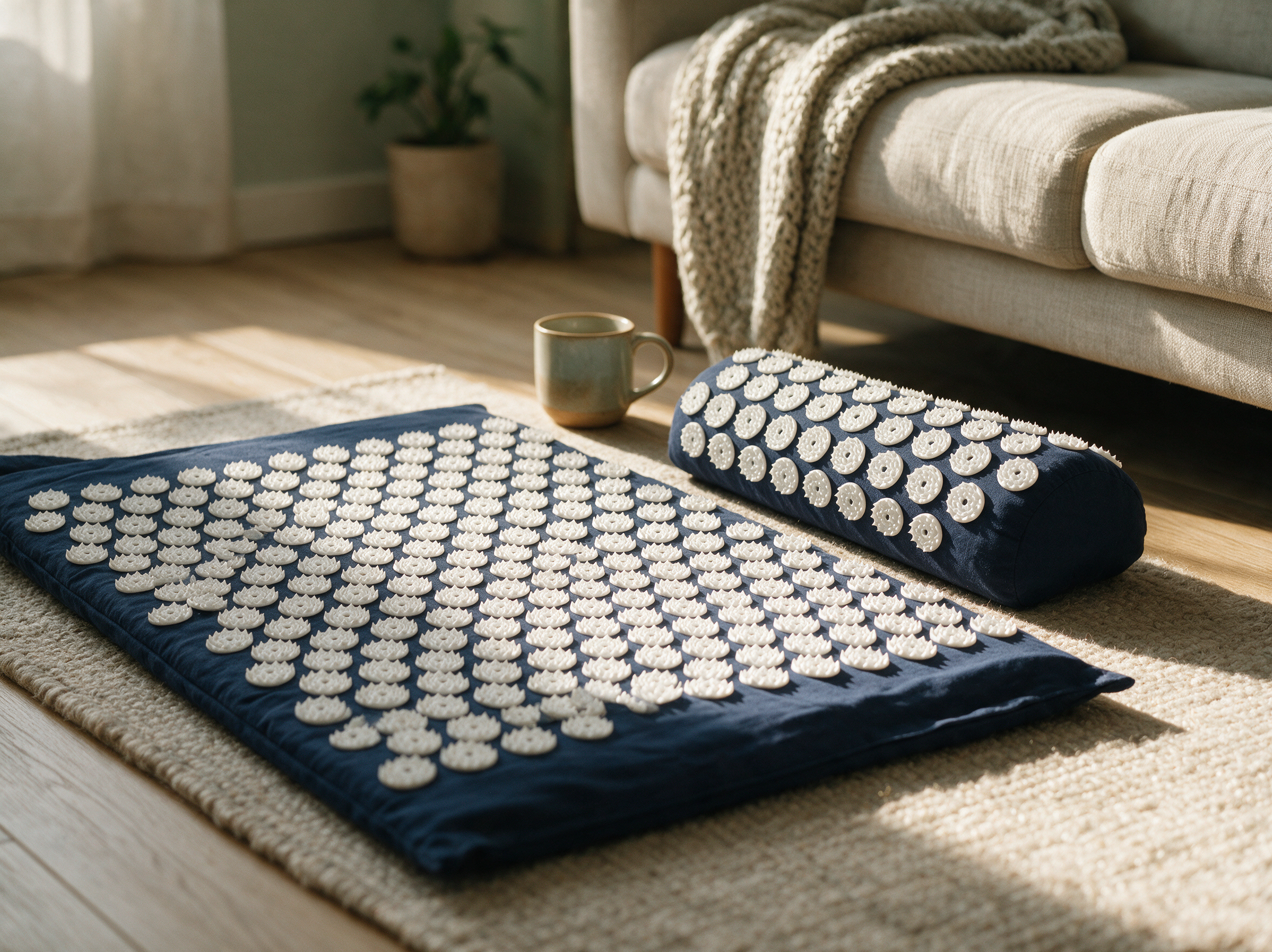 Restveta navy acupressure mat and matching neck pillow on a wool rug in a sunlit living room