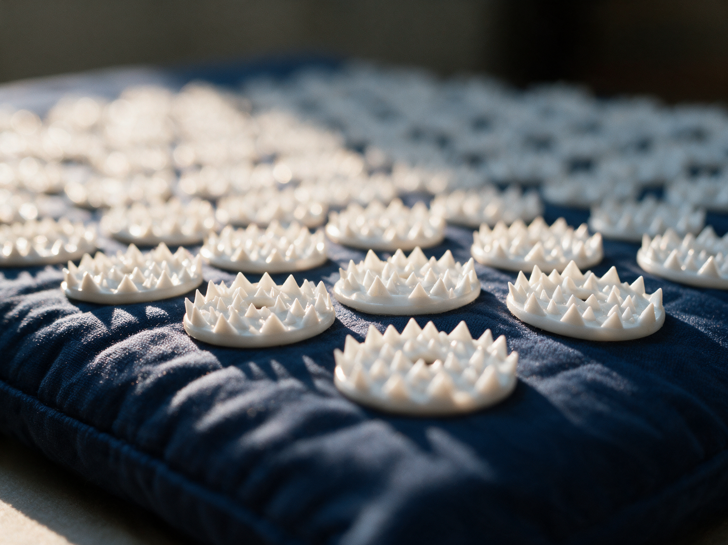 Close-up of the white lotus acupressure points on the navy Restveta mat