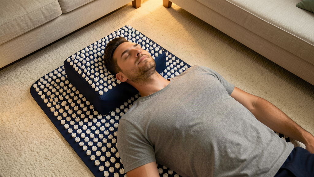 Man relaxing on the Restveta acupressure mat with the neck bolster