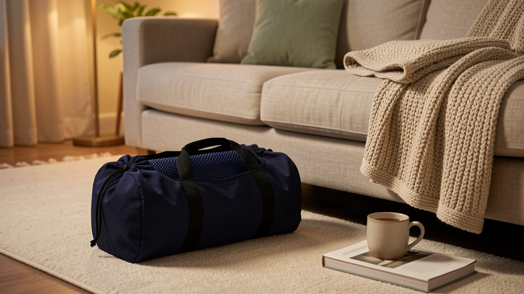 The Restveta mat rolled in its carry bag beside the sofa