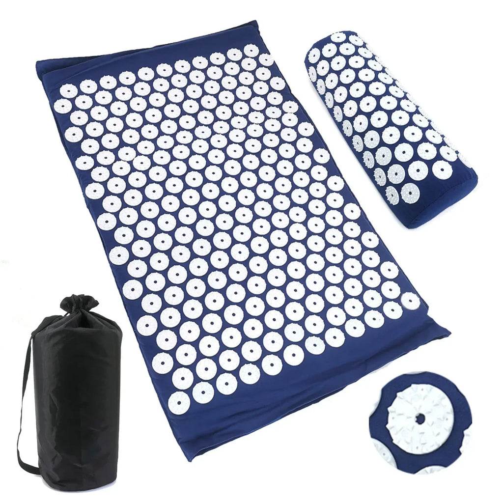 Restveta acupressure mat set - navy mat with white lotus points, matching neck pillow and black carry bag