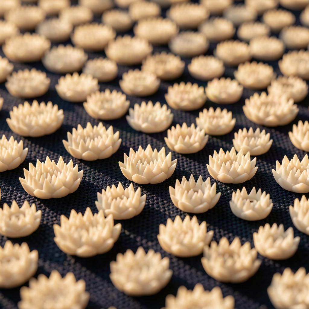 Macro detail of the white lotus pressure discs on the navy Restveta mat