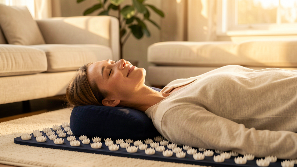 Woman relaxing on the Restveta acupressure mat in a sunlit living room